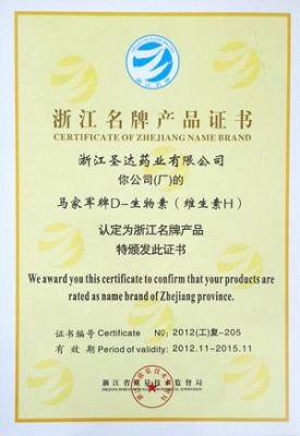 Zhejiang famous-brand products certificate